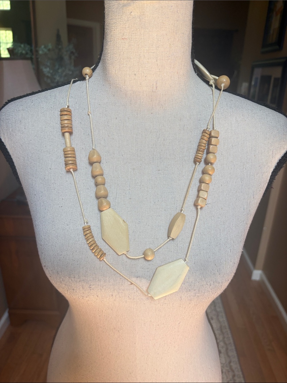 Neutral Wood Bead Layered Necklace
